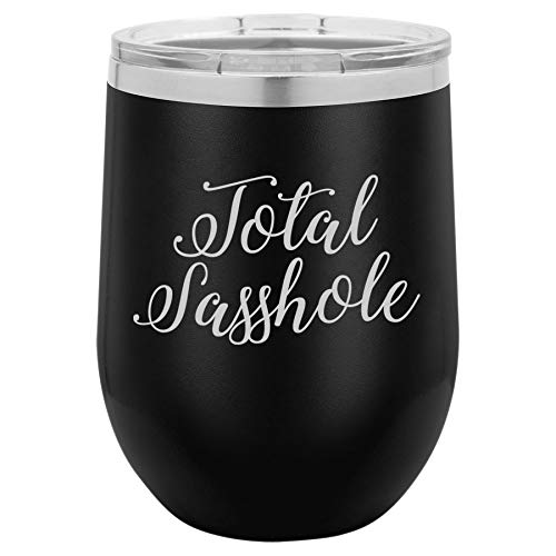 12 oz Double Wall Vacuum Insulated Stainless Steel Stemless Wine Tumbler Glass Coffee Travel Mug With Lid Total Sasshole (Black)