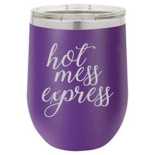 12 oz Double Wall Vacuum Insulated Stainless Steel Stemless Wine Tumbler Glass Coffee Travel Mug With Lid Hot Mess Express Funny (Purple)