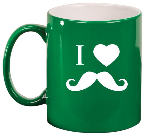 I Love Heart Mustache Ceramic Coffee Tea Mug Cup Green