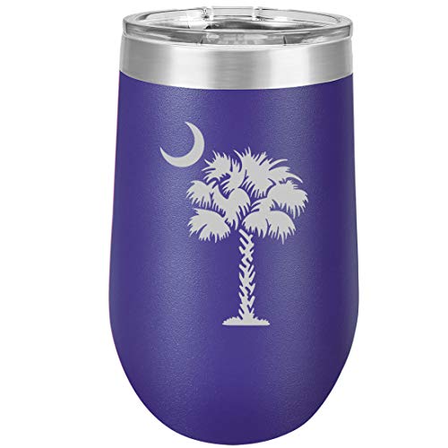 16 oz Double Wall Vacuum Insulated Stainless Steel Stemless Wine Tumbler Glass Coffee Travel Mug With Lid Palmetto Tree South Carolina Palm Moon (Purple)