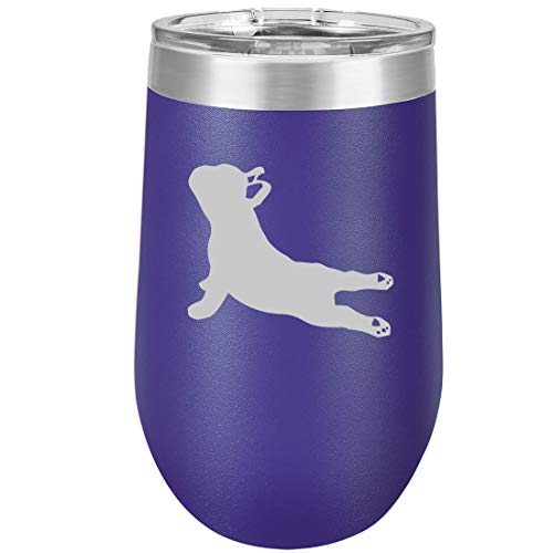 16 oz Double Wall Vacuum Insulated Stainless Steel Stemless Wine Tumbler Glass Coffee Travel Mug With Lid French Bulldog Yoga (Purple)