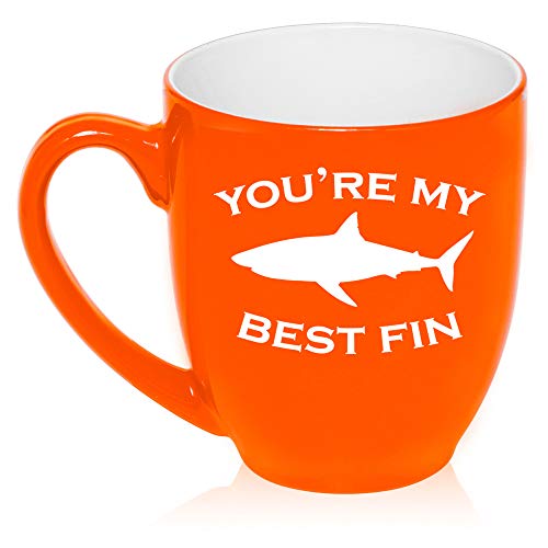 16 oz Large Bistro Mug Ceramic Coffee Tea Glass Cup You're My Best Fin Friend Shark (Orange)