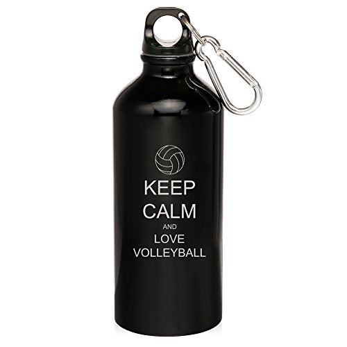 20oz Aluminum Sports Water Bottle Caribiner Clip Keep Calm and Love Volleyball (Black)