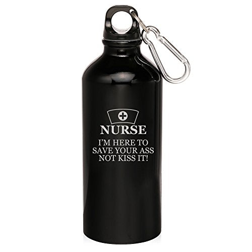 20oz Aluminum Sports Water Bottle Caribiner Clip Nurse Here To Save You (Black)