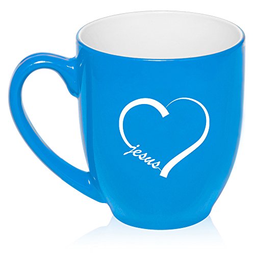 16 oz Large Bistro Mug Ceramic Coffee Tea Glass Cup Love Heart Jesus (Light Blue)