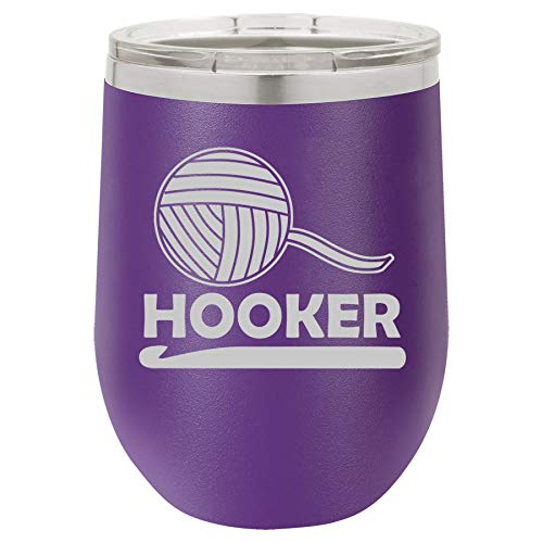 12 oz Double Wall Vacuum Insulated Stainless Steel Stemless Wine Tumbler Glass Coffee Travel Mug With Lid Funny Crochet Hooker (Purple)