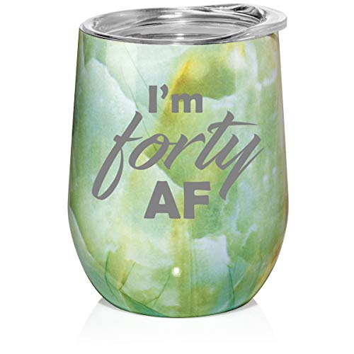 12 oz Double Wall Vacuum Insulated Stainless Steel Marble Stemless Wine Tumbler Glass Coffee Travel Mug With Lid I'm Forty AF Funny 40th Birthday (Turquoise Green Marble)