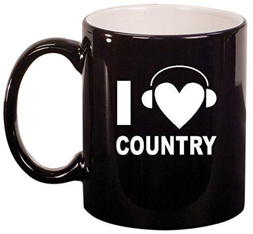 Ceramic Coffee Tea Mug Cup I Heart Love Country Music Headphones (Black)