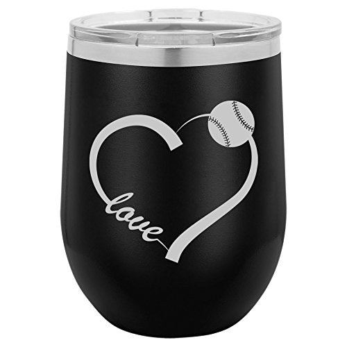 12 oz Double Wall Vacuum Insulated Stainless Steel Stemless Wine Tumbler Glass Coffee Travel Mug With Lid Love Heart Baseball Softball (Black)