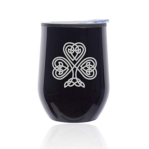 Stemless Wine Tumbler Coffee Travel Mug Glass With Lid Celtic Clover Shamrock (Midnight Black)