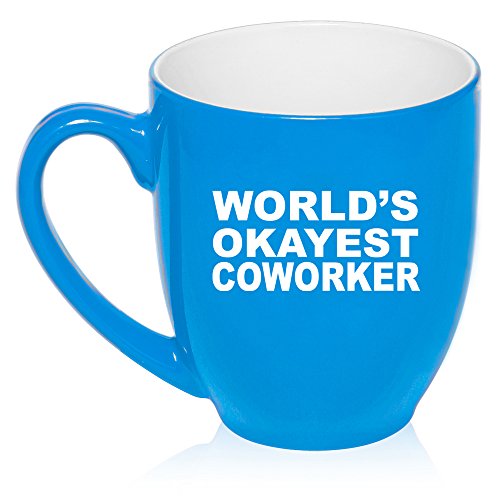 16 oz Large Bistro Mug Ceramic Coffee Tea Glass Cup World's Okayest Coworker (Light Blue)