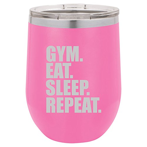 12 oz Double Wall Vacuum Insulated Stainless Steel Stemless Wine Tumbler Glass Coffee Travel Mug With Lid Gym Eat Sleep Repeat (Hot-Pink)