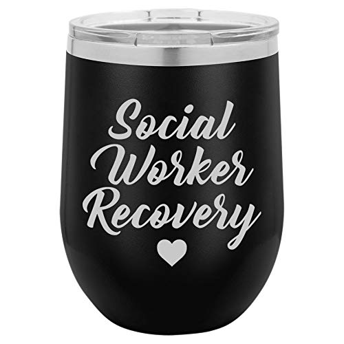 12 oz Double Wall Vacuum Insulated Stainless Steel Stemless Wine Tumbler Glass Coffee Travel Mug With Lid Social Worker Recovery (Black)