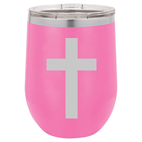 12 oz Double Wall Vacuum Insulated Stainless Steel Stemless Wine Tumbler Glass Coffee Travel Mug With Lid Cross Christian (Hot-Pink)