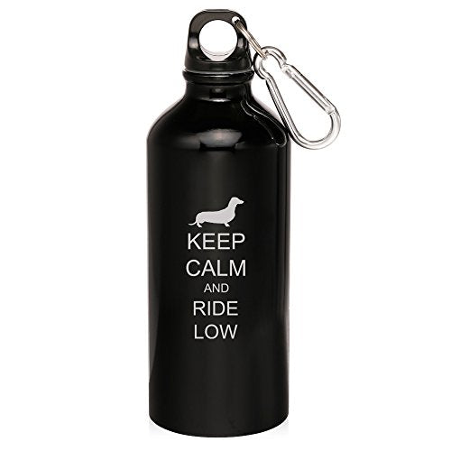 20oz Aluminum Sports Water Bottle Caribiner Clip Keep Calm and Ride Low Dachshund (Black)