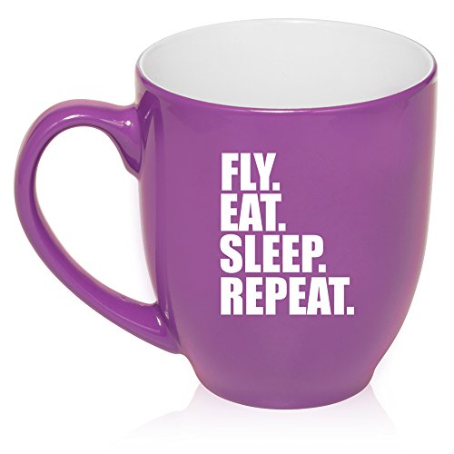 16 oz Large Bistro Mug Ceramic Coffee Tea Glass Cup Fly Eat Sleep Repeat (Purple)