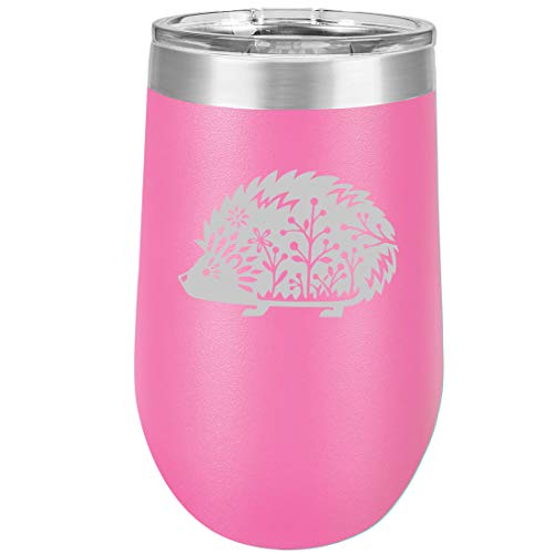 16 oz Double Wall Vacuum Insulated Stainless Steel Stemless Wine Tumbler Glass Coffee Travel Mug With Lid Fancy Hedgehog (Hot Pink)