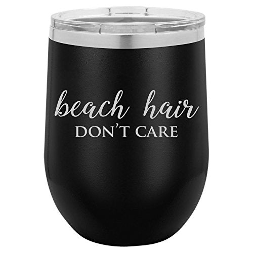 12 oz Double Wall Vacuum Insulated Stainless Steel Stemless Wine Tumbler Glass Coffee Travel Mug With Lid Beach Hair Don't Care (Black)