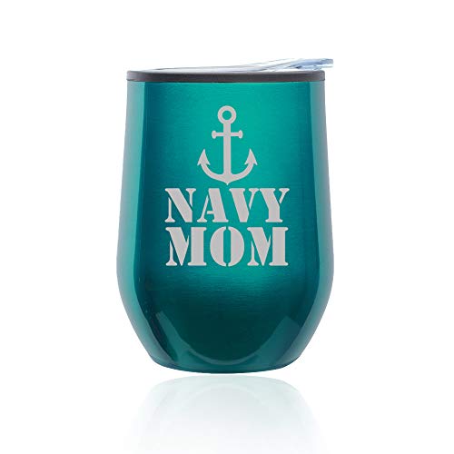 Stemless Wine Tumbler Coffee Travel Mug Glass With Lid Navy Mom (Turquoise Teal)