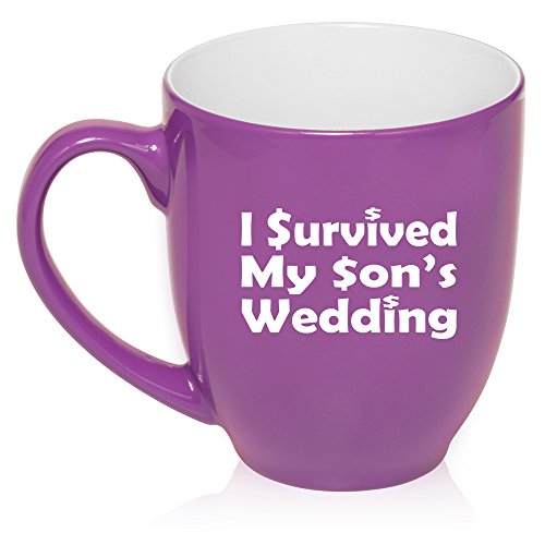 16 oz Large Bistro Mug Ceramic Coffee Tea Glass Cup I Survived My Son's Wedding Mother Father Of Groom (Purple)