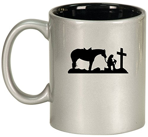 Ceramic Coffee Tea Mug Cup Cowgirl Praying Cross Horse (Silver)