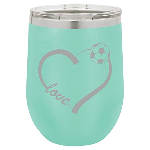 12 oz Double Wall Vacuum Insulated Stainless Steel Stemless Wine Tumbler Glass Coffee Travel Mug With Lid Love Heart Soccer (Teal)