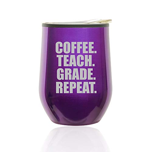 Stemless Wine Tumbler Coffee Travel Mug Glass With Lid Coffee Teach Grade Repeat Teacher (Royal Purple)