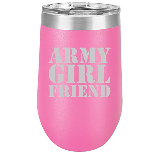 16 oz Double Wall Vacuum Insulated Stainless Steel Stemless Wine Tumbler Glass Coffee Travel Mug With Lid Army Girlfriend (Hot Pink)