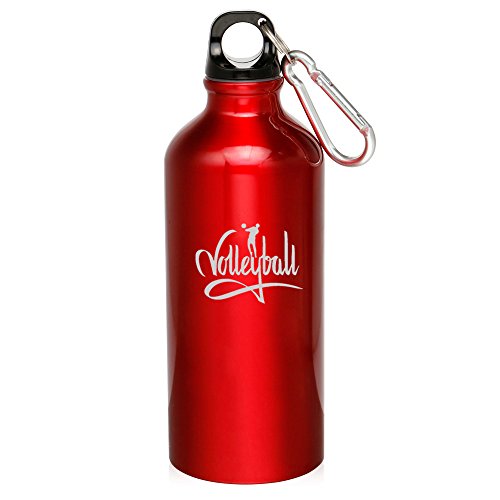 20oz Aluminum Sports Water Bottle Caribiner Clip Volleyball Calligraphy (Red)