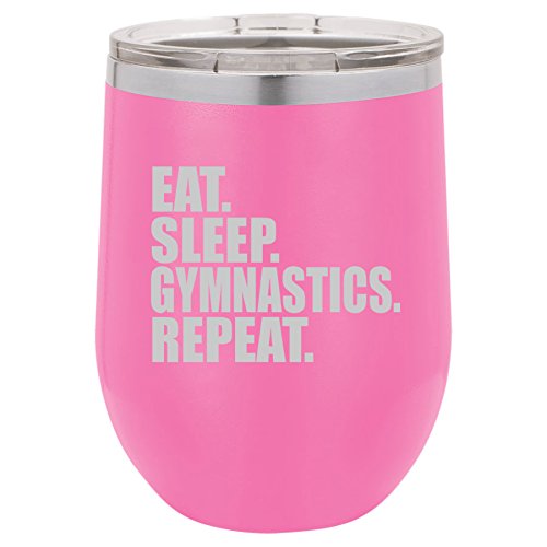 12 oz Double Wall Vacuum Insulated Stainless Steel Stemless Wine Tumbler Glass Coffee Travel Mug With Lid Eat Sleep Gymnastics Repeat (Hot-Pink)