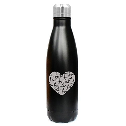 17 oz. Double Wall Vacuum Insulated Stainless Steel Water Bottle Travel Mug Cup Heart Puzzle Autism (Black)