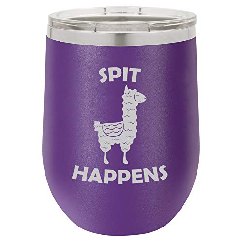 12 oz Double Wall Vacuum Insulated Stainless Steel Stemless Wine Tumbler Glass Coffee Travel Mug With Lid Spit Happens Funny Llama (Purple)
