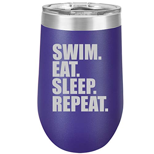 16 oz Double Wall Vacuum Insulated Stainless Steel Stemless Wine Tumbler Glass Coffee Travel Mug With Lid Swim Eat Sleep Repeat (Purple)
