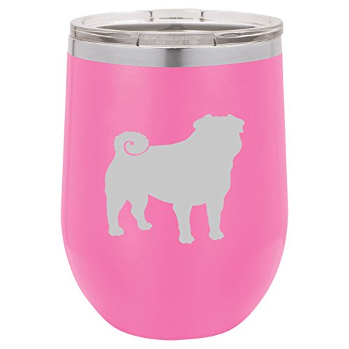 12 oz Double Wall Vacuum Insulated Stainless Steel Stemless Wine Tumbler Glass Coffee Travel Mug With Lid Pug (Hot-Pink)