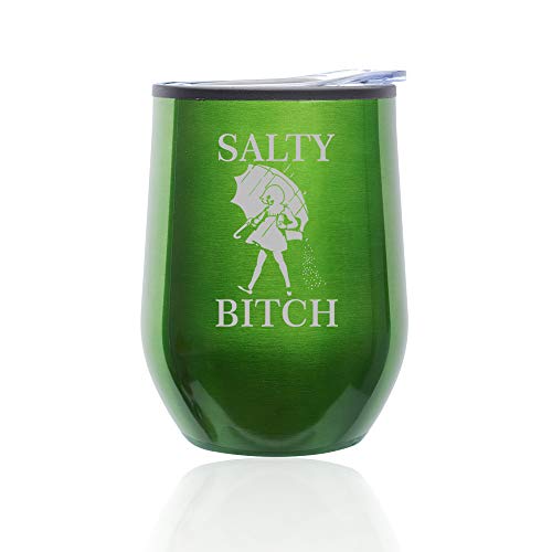 Stemless Wine Tumbler Coffee Travel Mug Glass With Lid Salty Btch Funny (Green)