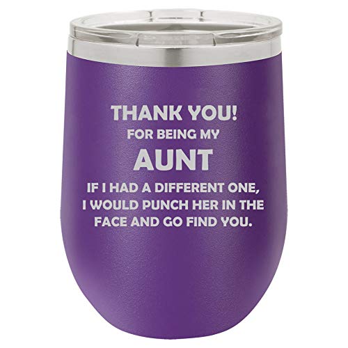 12 oz Double Wall Vacuum Insulated Stainless Steel Stemless Wine Tumbler Glass Coffee Travel Mug With Lid Aunt Thank You For Being My Funny (Purple)