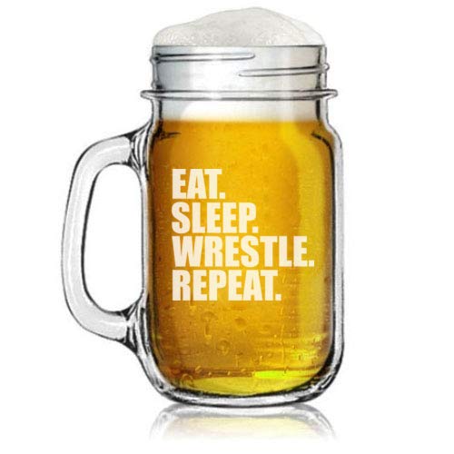 16oz Mason Jar Glass Mug w/Handle Eat Sleep Wrestle Repeat