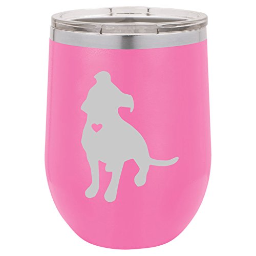 12 oz Double Wall Vacuum Insulated Stainless Steel Stemless Wine Tumbler Glass Coffee Travel Mug With Lid Cute Pit Bull With Heart (Hot-Pink)