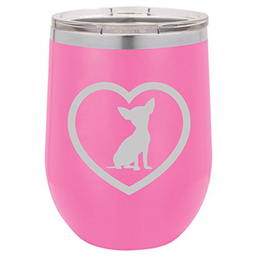 12 oz Double Wall Vacuum Insulated Stainless Steel Stemless Wine Tumbler Glass Coffee Travel Mug With Lid Chihuahua Heart (Hot-Pink)