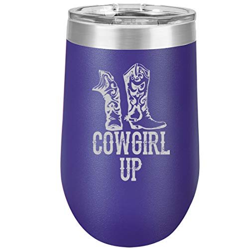 16 oz Double Wall Vacuum Insulated Stainless Steel Stemless Wine Tumbler Glass Coffee Travel Mug With Lid Cowgirl Up Boots (Purple)