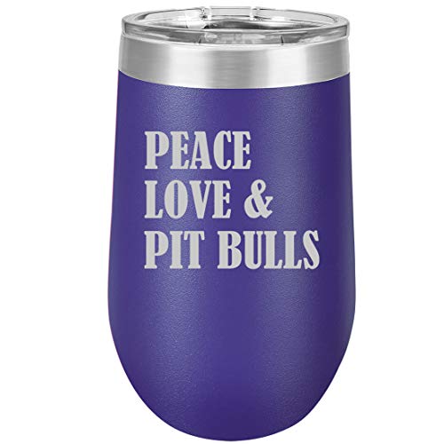 16 oz Double Wall Vacuum Insulated Stainless Steel Stemless Wine Tumbler Glass Coffee Travel Mug With Lid Peace Love & Pit Bulls (Purple)