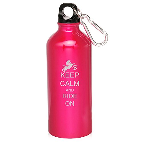 20oz Aluminum Sports Water Bottle Caribiner Clip Keep Calm and Ride On Dirt MX Bike (Hot Pink)