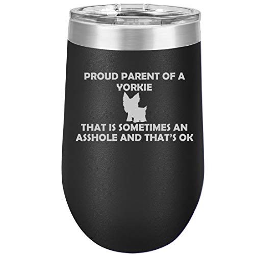 16 oz Double Wall Vacuum Insulated Stainless Steel Stemless Wine Tumbler Glass Coffee Travel Mug With Lid Proud Parent Yorkie (Black)