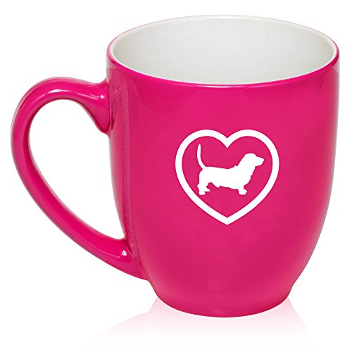 16 oz Large Bistro Mug Ceramic Coffee Tea Glass Cup Basset Hound Heart (Hot Pink)