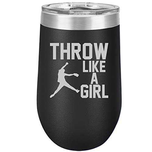 16 oz Double Wall Vacuum Insulated Stainless Steel Stemless Wine Tumbler Glass Coffee Travel Mug With Lid Throw Like A Girl Softball (Black)