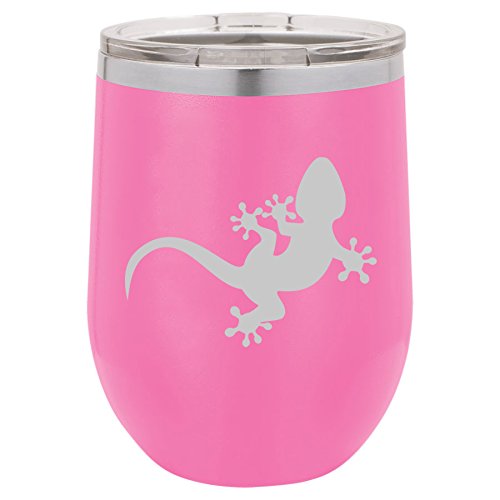 12 oz Double Wall Vacuum Insulated Stainless Steel Stemless Wine Tumbler Glass Coffee Travel Mug With Lid Gecko Lizard (Hot-Pink)