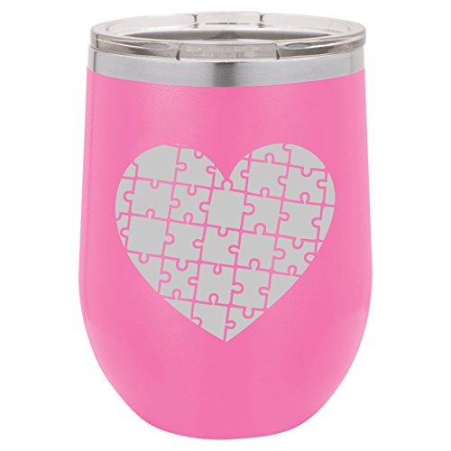 12 oz Double Wall Vacuum Insulated Stainless Steel Stemless Wine Tumbler Glass Coffee Travel Mug With Lid Heart Puzzle Autism (Hot-Pink)