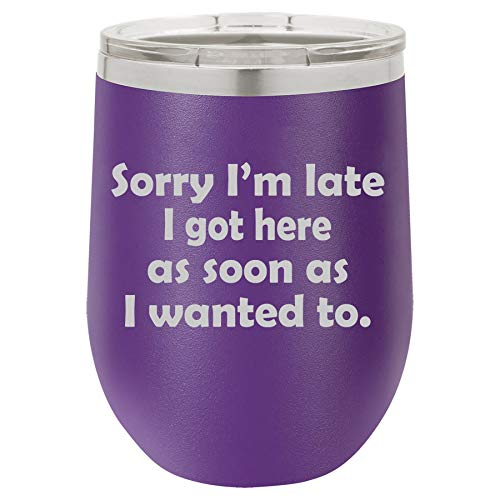 12 oz Double Wall Vacuum Insulated Stainless Steel Stemless Wine Tumbler Glass Coffee Travel Mug With Lid Sorry I'm Late I Got Here As Soon As I Wanted To Sarcasm Funny (Purple)