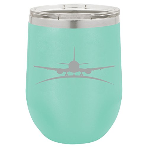 12 oz Double Wall Vacuum Insulated Stainless Steel Stemless Wine Tumbler Glass Coffee Travel Mug With Lid Airplane Pilot Flight Attendant (Teal)