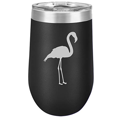 16 oz Double Wall Vacuum Insulated Stainless Steel Stemless Wine Tumbler Glass Coffee Travel Mug With Lid Flamingo (Black)